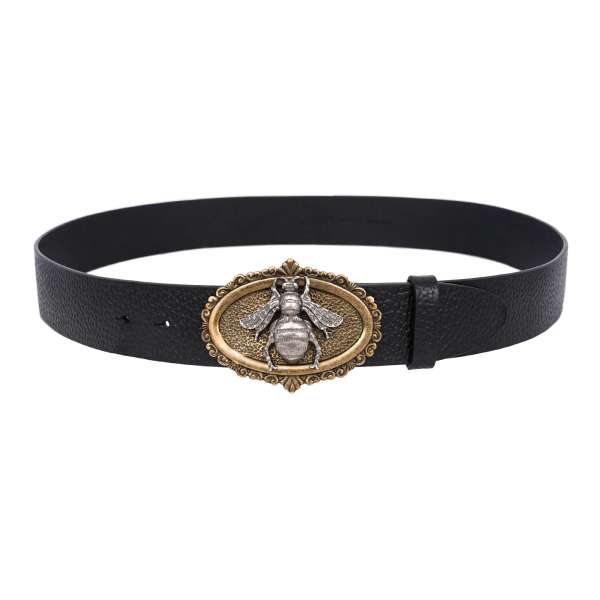 Calf leather belt with Bee Logo metal buckle in black and gold by DOLCE & GABBANA