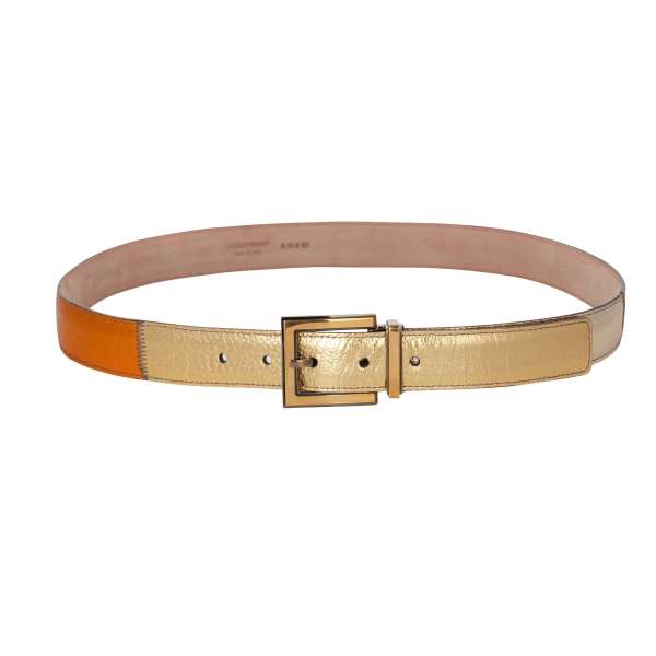 Lizard print leather belt with gold metal buckle in gold and orange by DOLCE & GABBANA