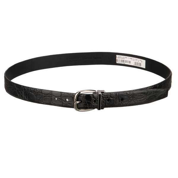 Classic Crocodile Leather belt with silver buckle in black by DOLCE & GABBANA