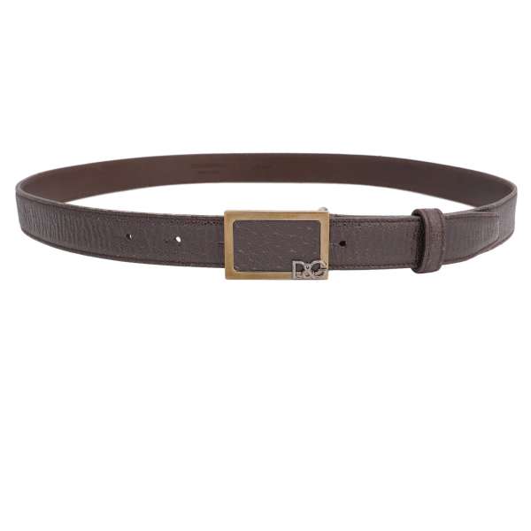 Leather belt with DG Logo metal buckle plate in brown by DOLCE & GABBANA