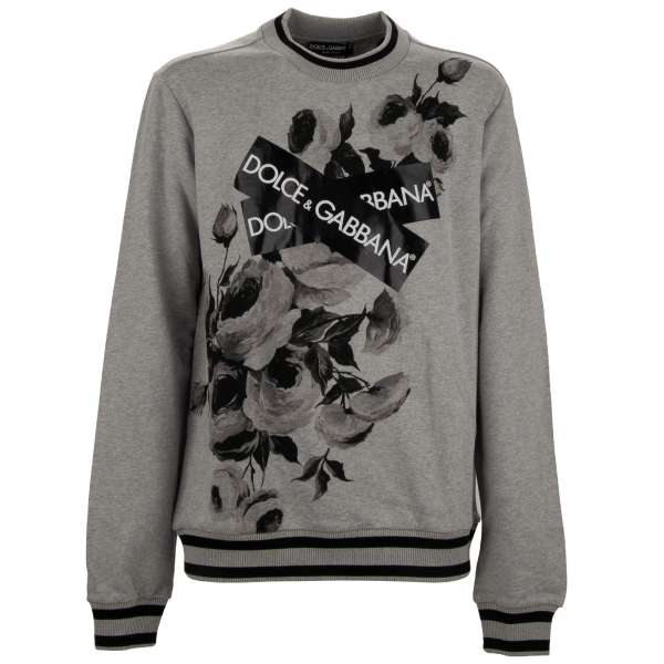 Cotton Sweater with DG Logo patch, Roses print and knitted details by DOLCE & GABBANA