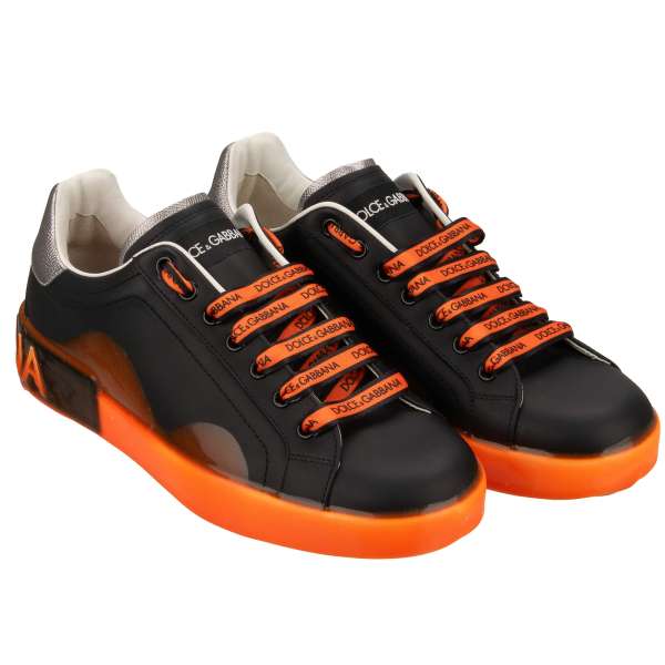  Lace Sneaker PORTOFINO for men with DG logo in black, neon orange and silver by DOLCE & GABBANA