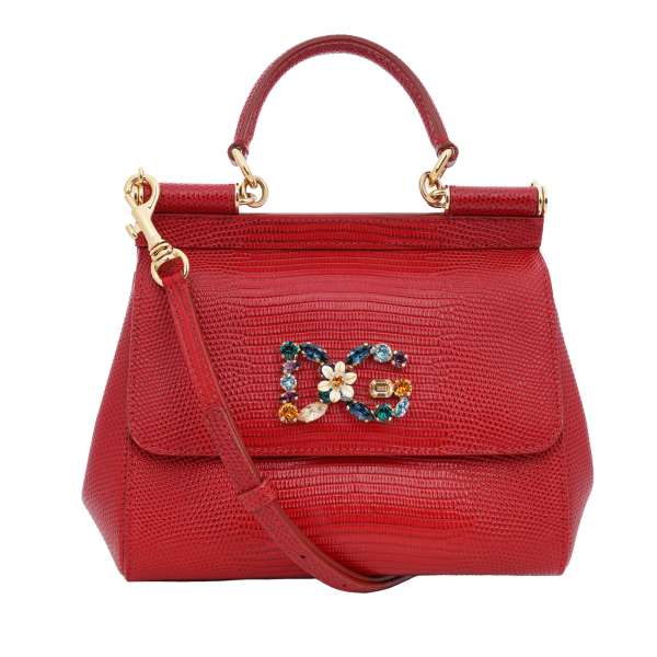 Eidechse Muster Kalbsleder Handtasche / Schultertasche SICILY mit DG Kristall Logo Schild von DOLCE & GABBANA