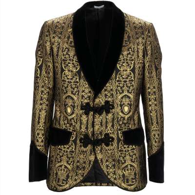 Baroque Jacquard Velvet Tuxedo Jacket Blazer Gold Black 50 M L