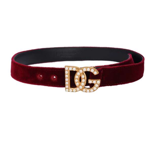 Leather and velvet Belt embellished with Pearl Metal DG Logo buckle in red and gold by DOLCE & GABBANA