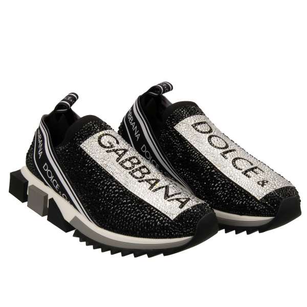 Elastic Slip-On Woman Sneaker SORRENTO with Dolce&Gabbana Logo stripes and Crystals in black and white by DOLCE & GABBANA