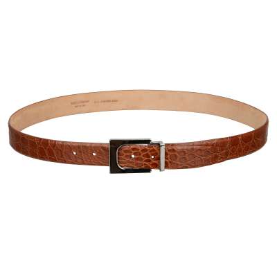 Metal Buckle Croco Leather Belt Brown Silver 95 38