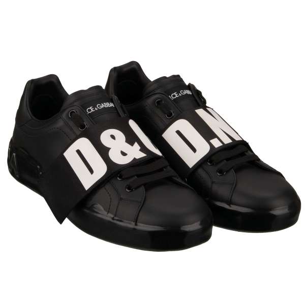 Lace Men Sneaker PORTOFINO with D&G DNA hook and loop closure in black and white by DOLCE & GABBANA