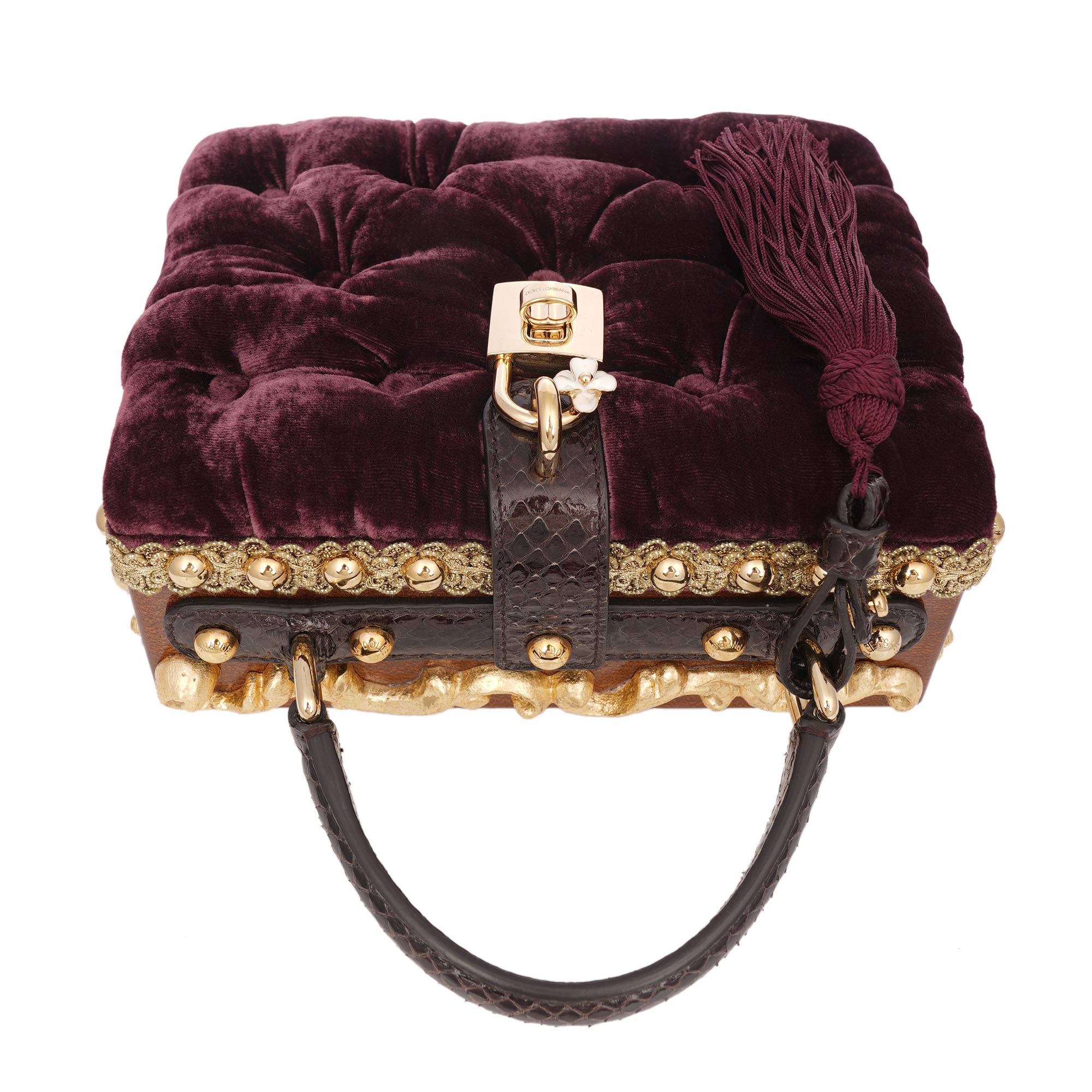 Dolce & Gabbana Pink Velvet Leather Gold Crystal Clutch Box Purse