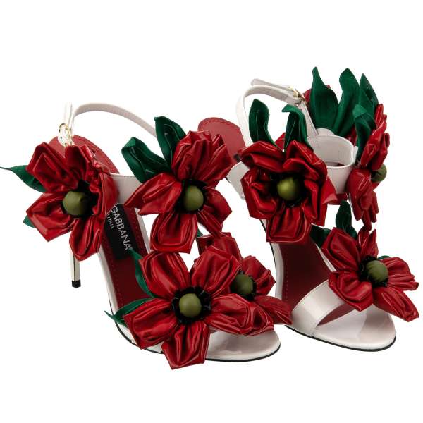 Lackleder Pumps Sandalen KEIRA mit asymmetrischen Blumen und Riemchen in weiß und rot von DOLCE & GABBANA