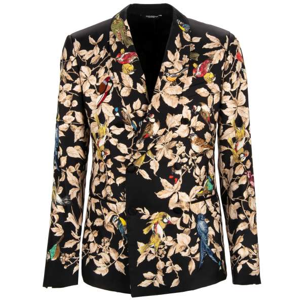 Blätter und Vogel Print SICILIA Zweireihiger Sakko / Blazer  aus Seide mit bestickten Vogel Patches in Schwarz und Beige von DOLCE & GABBANA