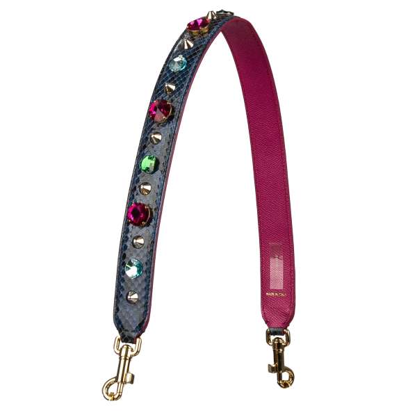 Snake and Dauphine calf leather bag Strap / Handle with crystals, pearls and studs applications in blue and pink by DOLCE & GABBANA