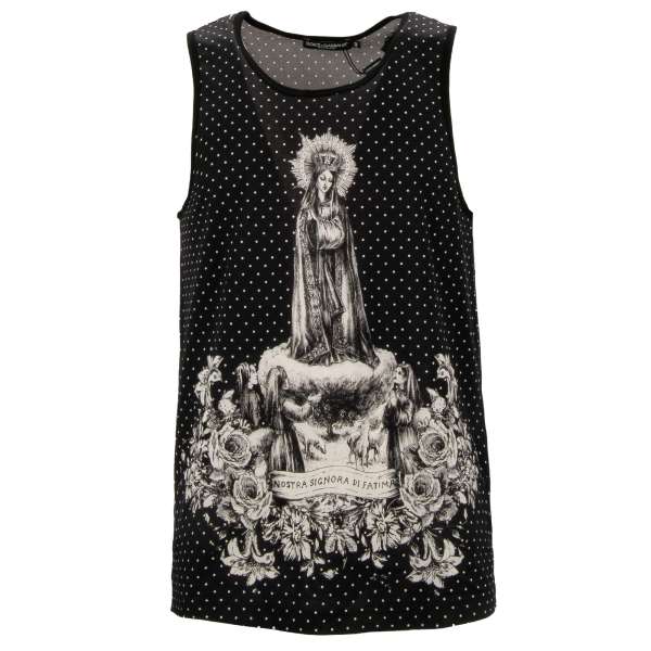 Tank Top with Nostra Signora di Fatima Print and polka dot pattern in black and white by DOLCE & GABBANA