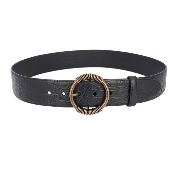 Crocodile Leather belt with ring metal buckle in black by DOLCE & GABBANA