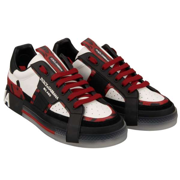 Leopard Print Low Top Leder Sneaker PORTOFINO LIGHT mit DG Logo in Weiß, Rot und Schwarz von DOLCE & GABBANA