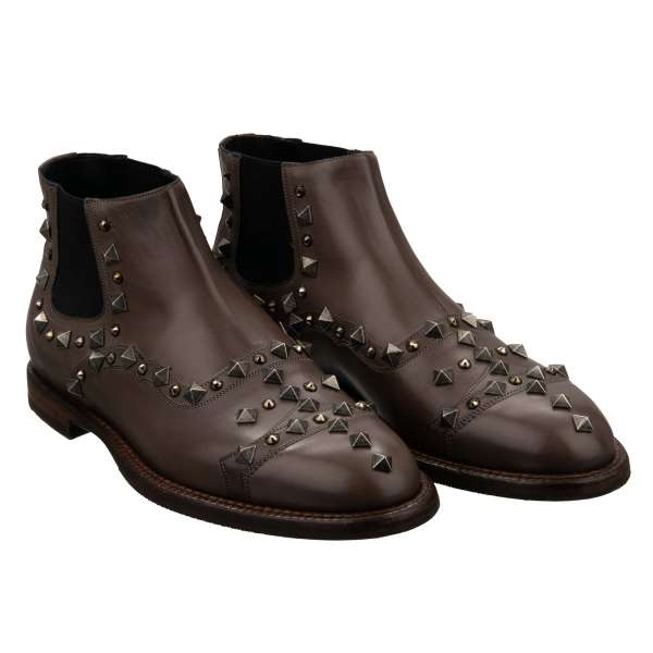 Leather Boots with studs and crystals in gray / brown by DOLCE & GABBANA 