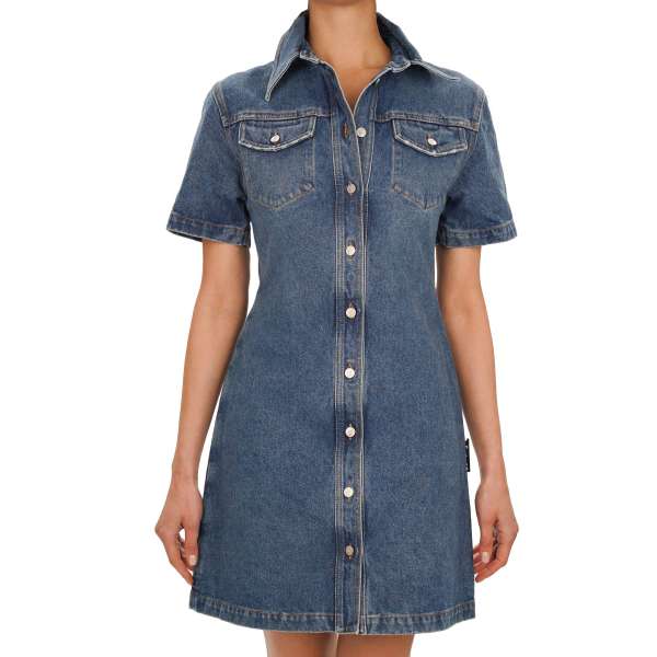 Mini Denim dress with logo print and button closure in blue by OFF-WHITE c/o Virgil Abloh