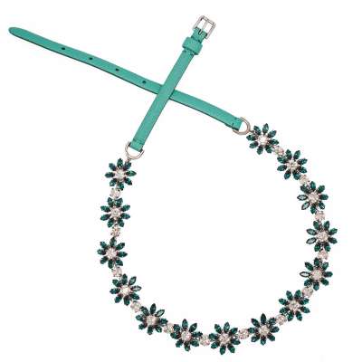 Daisy Crystal Leather Chain Belt Green White Silver M