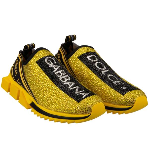 Crystal covered elastic Slip-On Sneaker SORRENTO for Men with Dolce&Gabbana Logo stripes in yellow and black by DOLCE & GABBANA