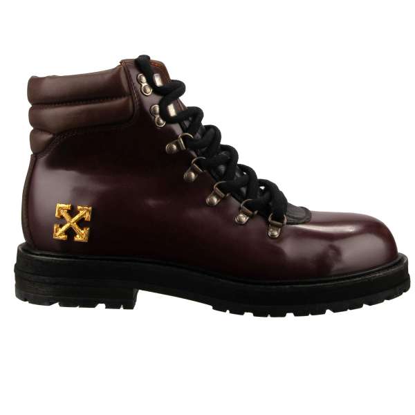 Leather Hiking Boots with Logo in gold on one shoe in bordeaux by OFF-WHITE c/o Virgil Abloh