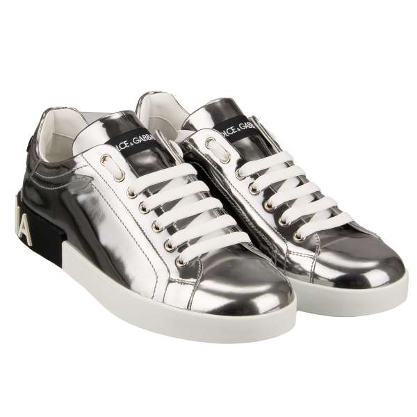 Low Top Leder Sneaker PORTOFINO mit DG Logo in Rutenio Silber von DOLCE & GABBANA