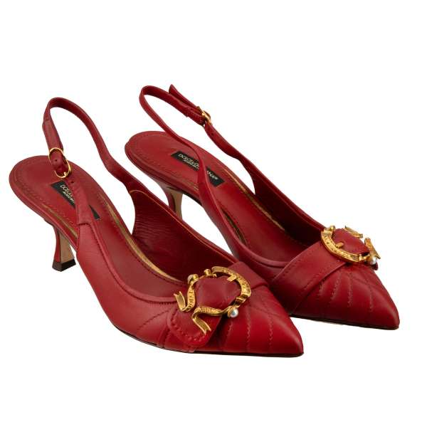 Pointed leather Slingbacks Pumps DEVOTION LORI with pearl metal buckle in red by DOLCE & GABBANA