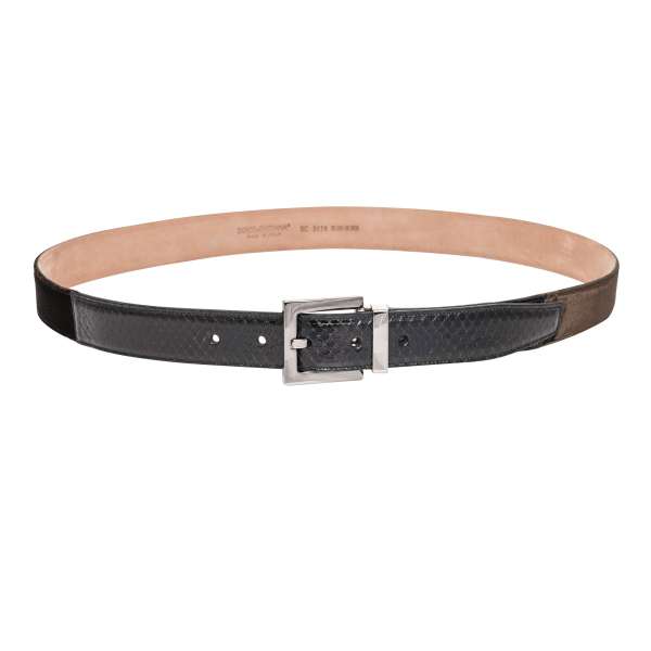 Velvet and Snake leather belt with silver metal buckle in black and brown by DOLCE & GABBANA