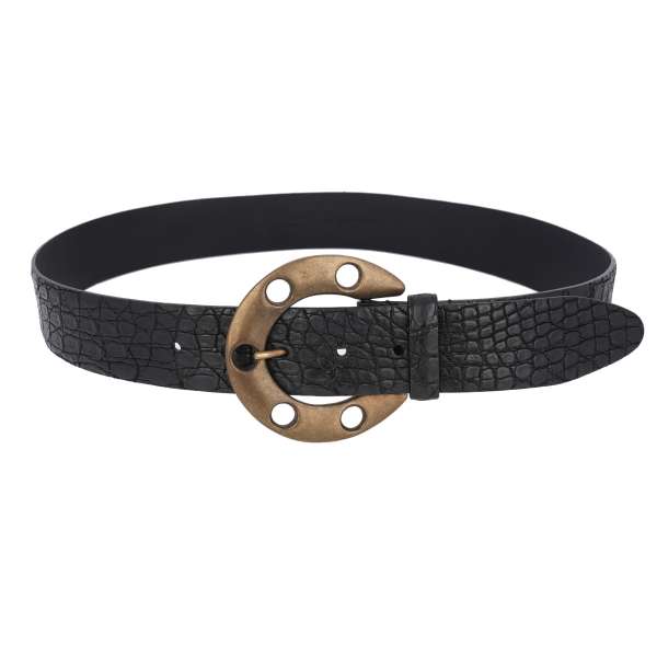 Crocodile Leather belt with ring metal buckle in black by DOLCE & GABBANA