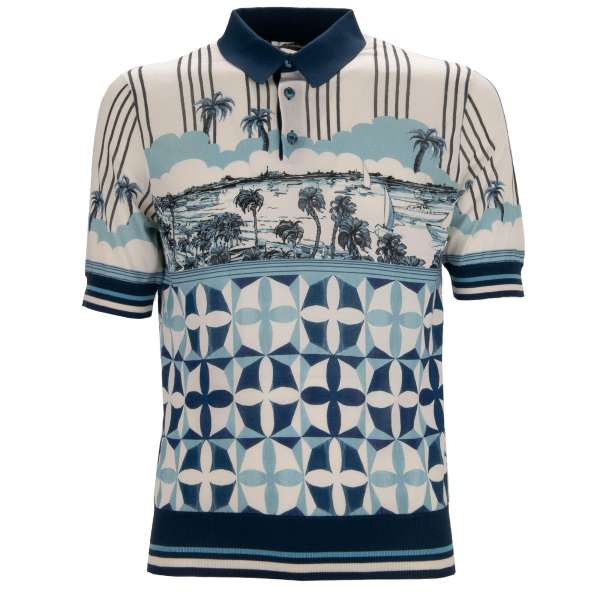 Silk Polo Shirt with Gio Ponti Design and palms print in blue and white by DOLCE & GABBANA