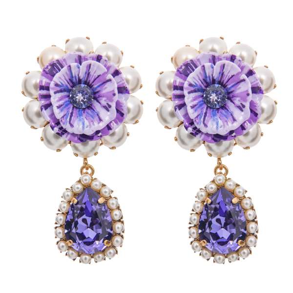 Clip Earrings with hand-painted flowers, pearls and crystals in purple, white and gold by DOLCE & GABBANA