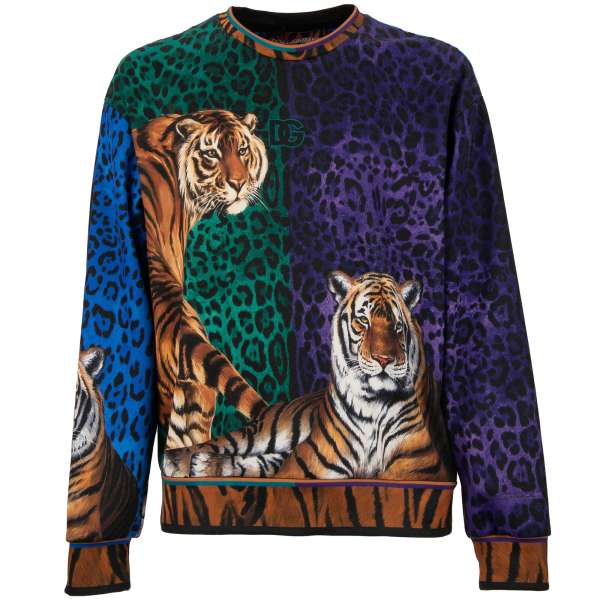 Cotton Sweater with Leopard and Tiger print in purple, blue and green by DOLCE & GABBANA