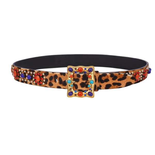 Leopard pattern fur and leather Belt embellished with crystals and metal pearls in brown, black and gold by DOLCE & GABBANA 