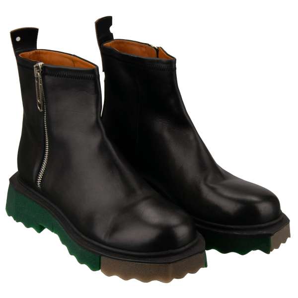 Leather Plateau Boots with staples elements and sponge sole in black and green by OFF-WHITE c/o Virgil Abloh