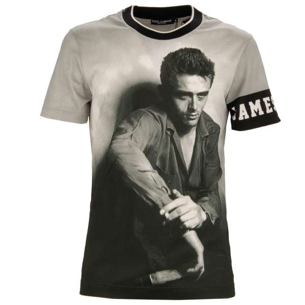 Baumwolle und Seide T-Shirt mit James Dean Print und Logo Patch in grau von DOLCE & GABBANA