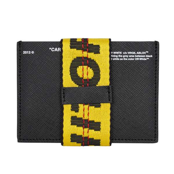 Saffiano leather card holder wallet with Logo strap closure in black and yellow by OFF-WHITE c/o VIRGIL ABLOH