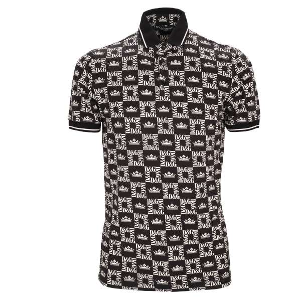 Cotton Polo Shirt with logo and crown print in black and white by DOLCE & GABBANA