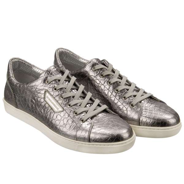 Crocodile printed leather lace Low Top Sneaker LONDON with DG logo in white and silver by DOLCE & GABBANA