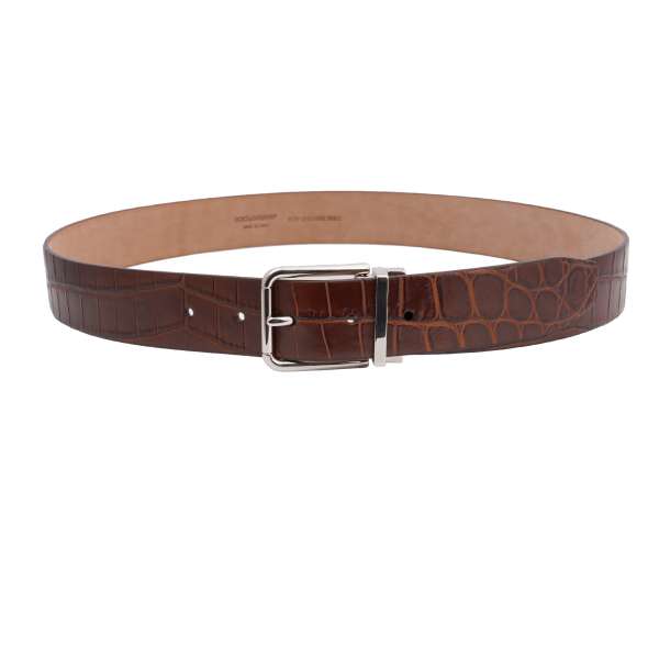  Crocodile Leather belt with silver metal buckle in white and blue by DOLCE & GABBANA