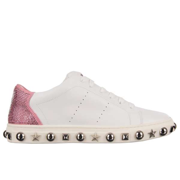 Women Low-Top Sneaker in white and pink with crystals embellished Plein and Playboy logos, studded sole and tongue with Philipp Plein metal logo by PHILIPP PLEIN X PLAYBOY