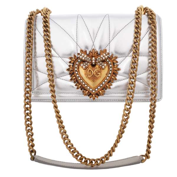 Nappa Leather Crossbody Bag DEVOTION Medium with jeweled heart buckle with DG Logo and structured metal chain strap by DOLCE & GABBANA