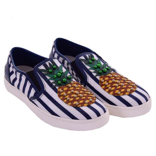 Slip-On Sneaker LONDON with pearl pineapple patches and DG logo in black and white by DOLCE & GABBANA 