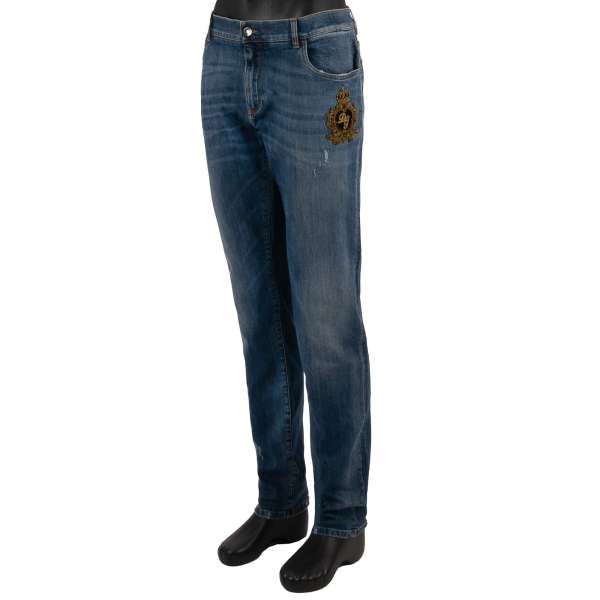 5-pockets Distressed Jeans SKINNY with a Pearl Crown DG Logo embroidered patch in front and leather logo on the back in blue by DOLCE & GABBANA