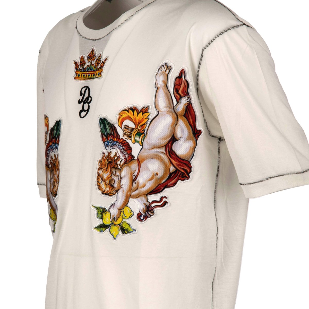 Dolce & Gabbana Cotton T-Shirt with Angel, Crown Silk Patches and Logo  White | FASHION ROOMS