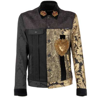 Denim und Jacquard Patchwork Jacke mit Stickerei Schwarz Gold 48 M