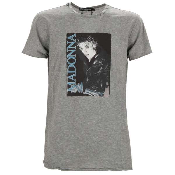 Printed light cotton T-Shirt with Madonna picture and logo patch on the collar in gray by DOLCE & GABBANA