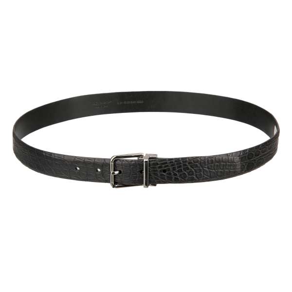 Classic crocodile leather belt with silver metal buckle in black by DOLCE & GABBANA