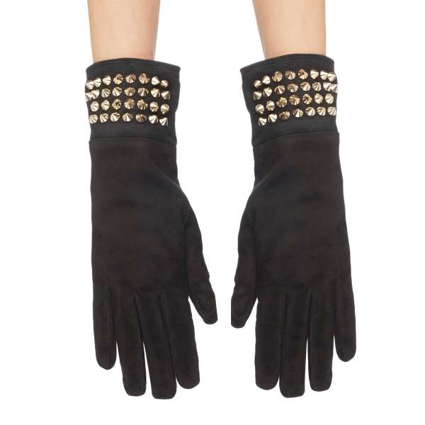 "Lady" Suede Leather and Cashmere Lining Mid-Gloves with studs in black and gold by PHILIPP PLEIN 