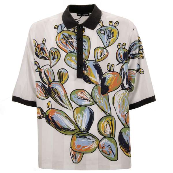 Cotton Polo Shirt / Shirt with Sicily Cactus print in white by DOLCE & GABBANA