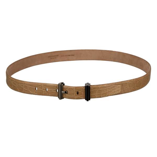 Classic Crocodile Leather belt with decorative silver buckle in beige by DOLCE & GABBANA