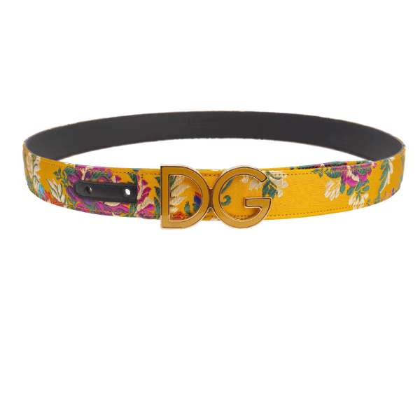 Leather and floral satin Belt embellished with DG Logo buckle in yellow and gold by DOLCE & GABBANA